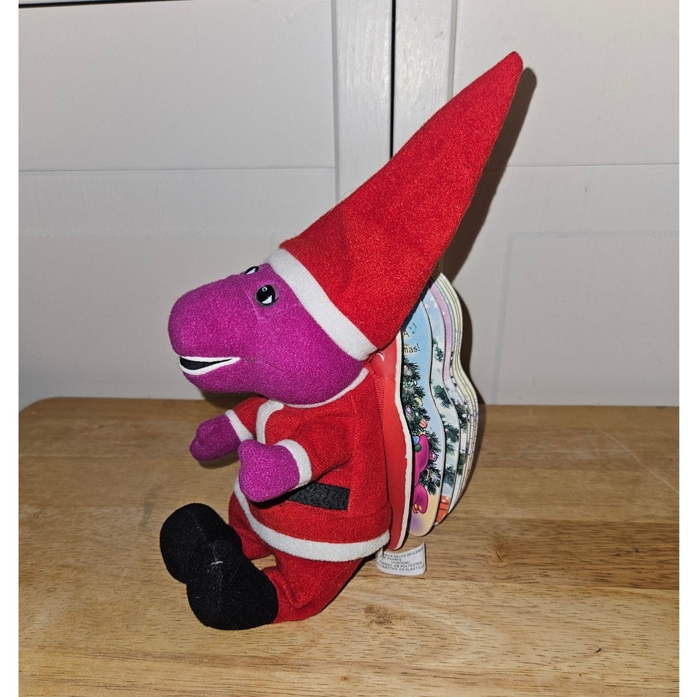 Vintage 1999 Barney Santa Plush with We Wish You A Merry Christmas Board Book